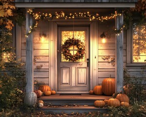 Obraz premium Charming Fall-Themed Cottage with Cozy Decorations and Warm Autumn Vibes for Seasonal Inspiration