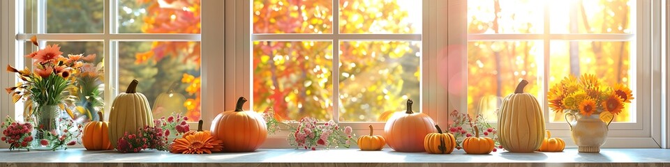 Fall-themed kitchen decor featuring pumpkins, flowers, and sunny windows.