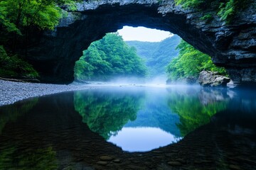 Majestic Rock Arch Over Serene River Surrounded by Lush Greenery - This breathtaking landscape features a grand rock arch over a calm river, reflecting serene surroundings and rich greenery