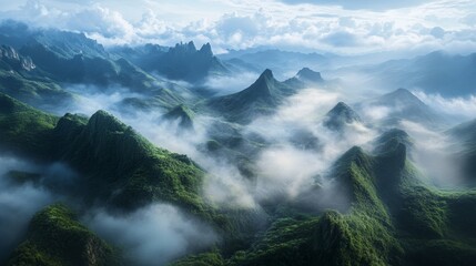 Valley of mists wrapped in thick clouds and gracefully sculpted hills