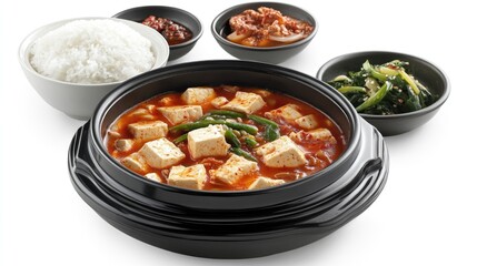 Korean sundubu jjigae (soft tofu stew) served with rice and side dishes on white.