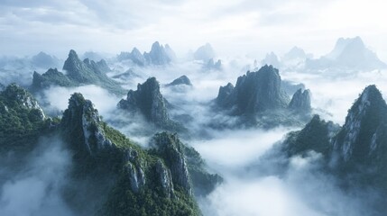 Valley of mists wrapped in thick clouds and gracefully sculpted hills