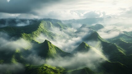 Valley of mists wrapped in thick clouds and gracefully sculpted hills