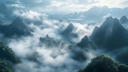 Valley of mists wrapped in thick clouds and gracefully sculpted hills