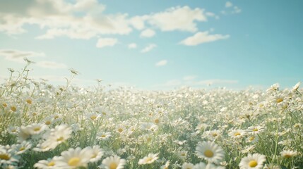 Vast fields of daisies under a light blue sky on a windless day.