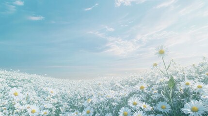 Vast fields of daisies under a light blue sky on a windless day.