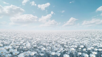 Vast fields of daisies under a light blue sky on a windless day.
