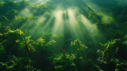 Monk meditating sunrise jungle forest peace