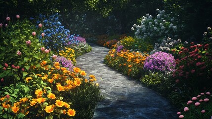 Vibrant spring flowers along a winding garden path