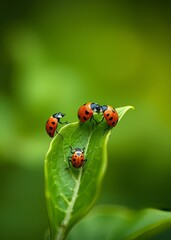 Obraz premium Ladybugs mating on a green leaf in natural habitat bokeh green bokeh green abstract background light bright blur pattern