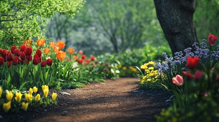Vibrant spring flowers along a winding garden path