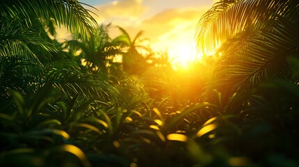 Lush Tropical Sunset: Golden Light Through Palm Trees