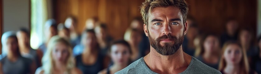 Obraz premium Confident Man in Focus Surrounded by People in Soft Lighting