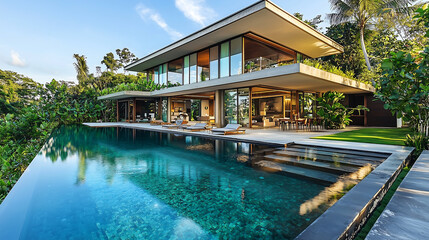 Fototapeta premium luxurious modern villa with floor to ceiling glass windows surrounded by lush greenery featuring an infinity pool spacious outdoor lounge and contemporary architecture in a tropical setting