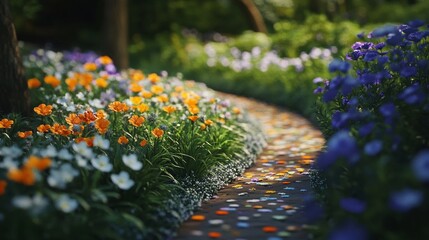 Vibrant spring flowers along a winding garden path