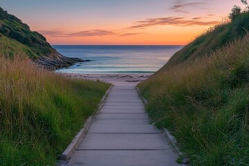 Wooden Boardwalk Trail Leading to Breathtaking Sunset Seascape at Coastal Beach