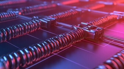 A close-up view of intricate, metallic wires arranged in a grid pattern, illuminated with vibrant red and blue lighting, suggesting a futuristic technology theme.