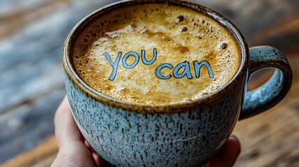 A hand holds a beautifully crafted cup of coffee topped with frothy milk, showcasing the words you can inviting viewers to embrace positivity and motivation in a welcoming atmosphere