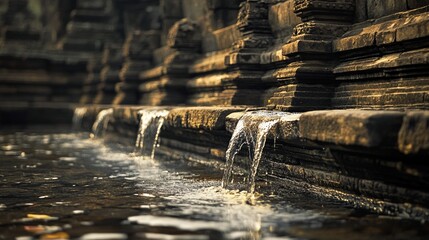 Water flowing in intricate channels carved into temple stone, soft light highlighting ancient patterns, peaceful zen focus