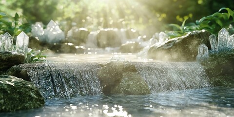 Water flowing over crystal formations, Buddhist meditation garden, morning light, peaceful atmosphere, natural harmony