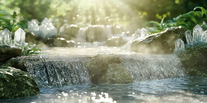 Water flowing over crystal formations, Buddhist meditation garden, morning light, peaceful atmosphere, natural harmony