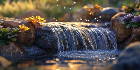 Water flowing over crystal formations, Buddhist meditation garden, morning light, peaceful atmosphere, natural harmony