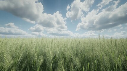 Wheat field under a cloudy sky, with a gentle breeze playing on the stalks
