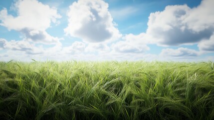 Wheat field under a cloudy sky, with a gentle breeze playing on the stalks