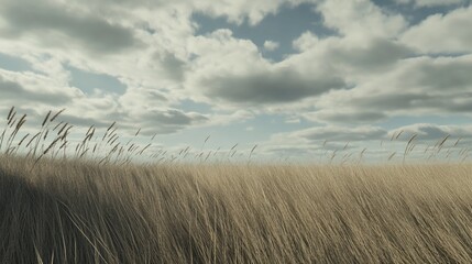 Wheat field under a cloudy sky, with a gentle breeze playing on the stalks