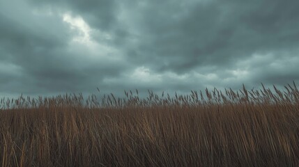 Wheat field under a cloudy sky, with a gentle breeze playing on the stalks