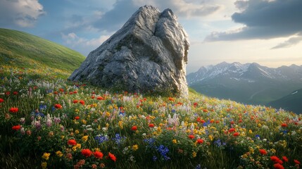 Wildflowers growing on a hillside, surrounding a majestic rock in the center.