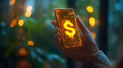 Person holding a golden 
 smartphone with a dollar 