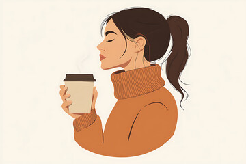 A stylish vector illustration of a woman enjoying takeaway coffee. 
