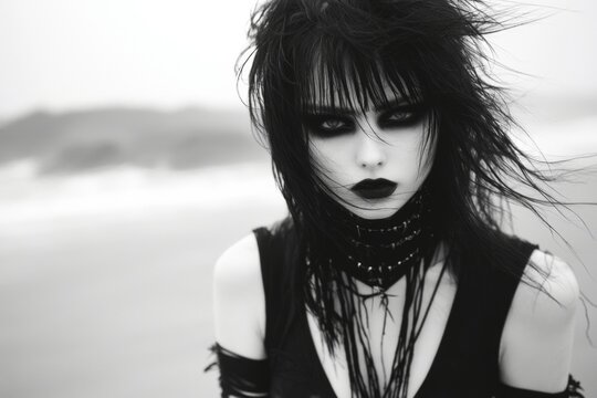 A beautiful goth woman in a black attire and dark make-up standing on empty beach. Black and white fashion photography. Fashion. Style.	