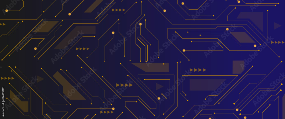 Fototapete Glowing dark blue neon AI chip with thin circuit contact lines. Technology lines circuit and dots on blue background, circuit board network connection.