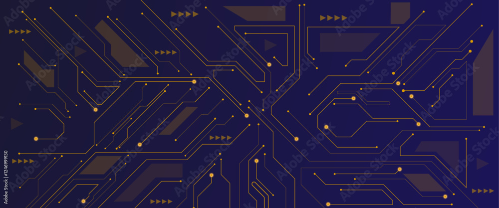Poster Glowing dark blue neon AI chip with thin circuit contact lines. Technology lines circuit and dots on blue background, circuit board network connection.