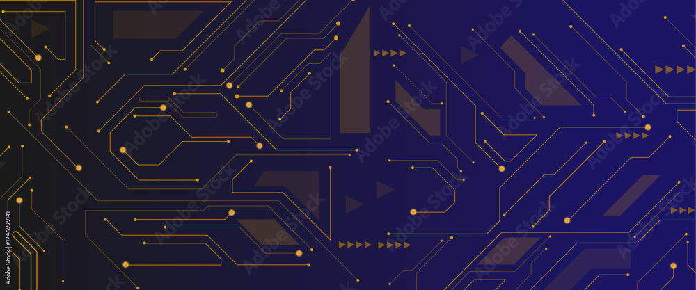 Poster Vector technology lines circuit and dots on blue engineering technology concept vector panorama background.