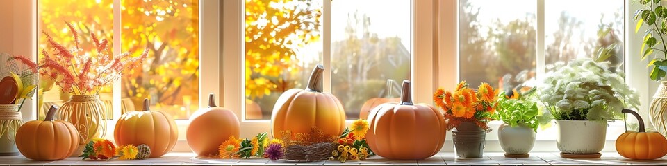 Fall-themed kitchen decor featuring pumpkins, flowers, and sunny windows.