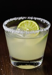 Classic margarita cocktail with salted rim and lime slice in elegant stemmed glass