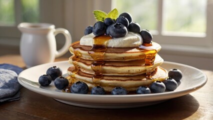 A delicious stack of fluffy pancakes topped with blueberries, whipped cream, and syrup, served on a white plate with a hint of greenery.