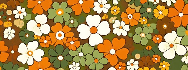 70s retro groovy floral pattern in shades of orange, brown, green, and yellow
