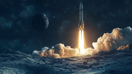 A rocket takes off from earth and travels through space.