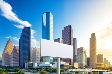Obraz premium Urban Skyline at Sunset with Blank Billboard - A stunning urban skyline captures the essence of modern architecture, symbolizing growth, opportunity, city life, innovation, and beauty.