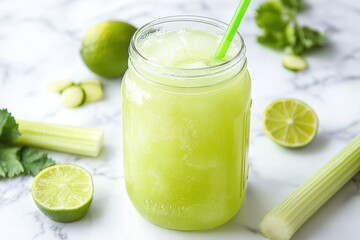 Fresh green celery juice served in a mason jar with ice, garnished with celery leaves and lime, creating a refreshing and healthy detox drink