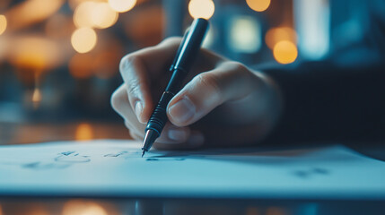 A close-up of a business owner�s hand using a stylus pen to write and check progress on a strategy, alongside a virtual flowchart diagram for business planning.