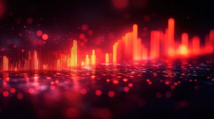 Red data surge, city bokeh, dark background