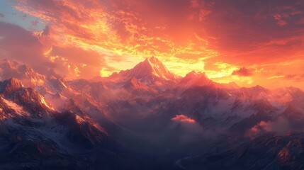Golden Hour Mountain Sunrise with Dramatic Clouds and Snow-Capped Peaks