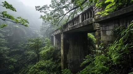 Mysterious ancient bridge surrounded by lush forest enigmatic landscape foggy atmosphere serene viewpoint