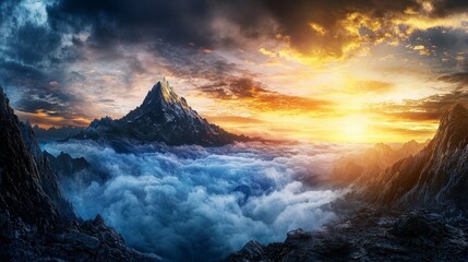 Fototapeta premium Dramatic sunset over clouds majestic mountain range scenic landscape natural environment panoramic view adventure concept