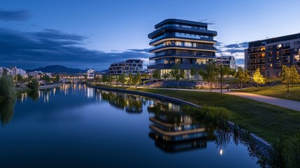 Obraz premium Illuminated modern architecture reflecting on water urban cityscape at night landscape photography serene environment